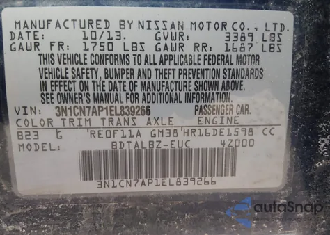 2014 Nissan Versa 1.6 Sv z USA, uszkodzony, nr VIN 3N1CN7AP1EL839266